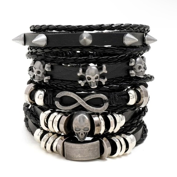 Other - 5 pcs Men Skull Black Faux Leather Bracelet Set